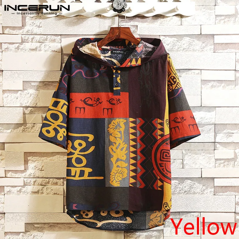 Men Hooded Half Sleeve Shirt Vintage Printed Shirts Casual Loose Buttons Pullovers Man Cotton Thin Sweatshirt Camisa Plus Size 7 | Мужская