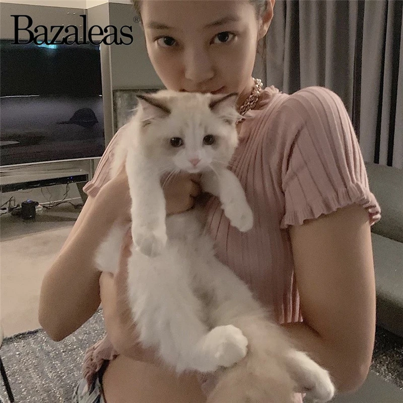 Bazaleas harajuku тонкая футболка с оборками уличная Розовая Трикотажная женская