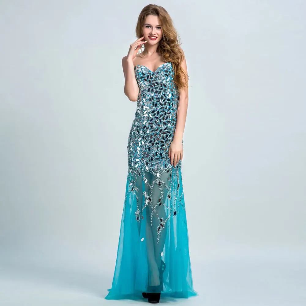 

Mermaid Net/Tulle Beading Rhinestone\Crystal Sleeveless Banbage Floor length Sweetheart Evening Dresses Blue Draped sparkle