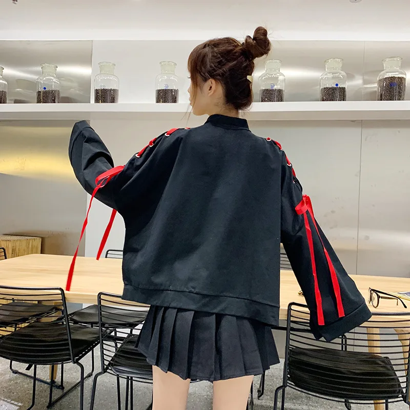 

Anime Cosplay Women Clothing Anime Fox Printed Cross Ribbon Lolita Girls' T Shirt Harajuku Spring Black Top Cosplay Costumes