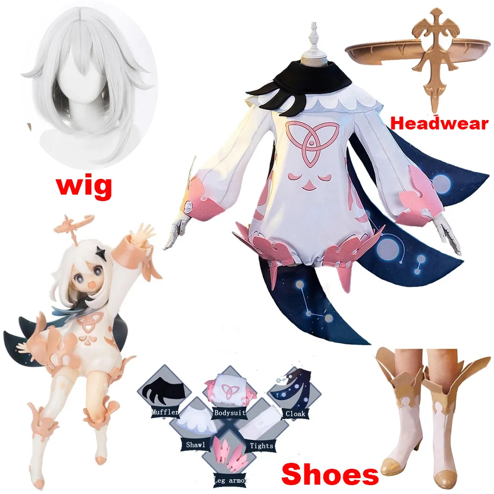 

Game Genshin Impact Paimon Cosplay Lolita Jumpsuits Outfit Adult Women Costume Uniform Party Halloween Wig Shoes