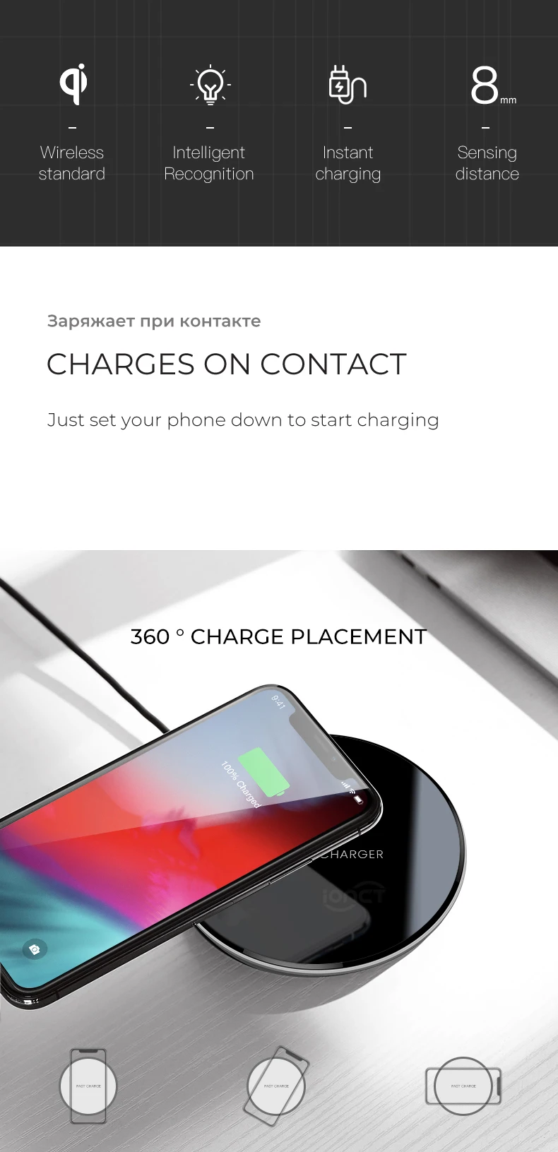 IONCT QI Беспроводное зарядное устройство для iPhone X XR 8 7 Plus XS Max зарядная док-станция для samsung S8 S9 для huawei Xiaomi зарядная площадка для телефона
