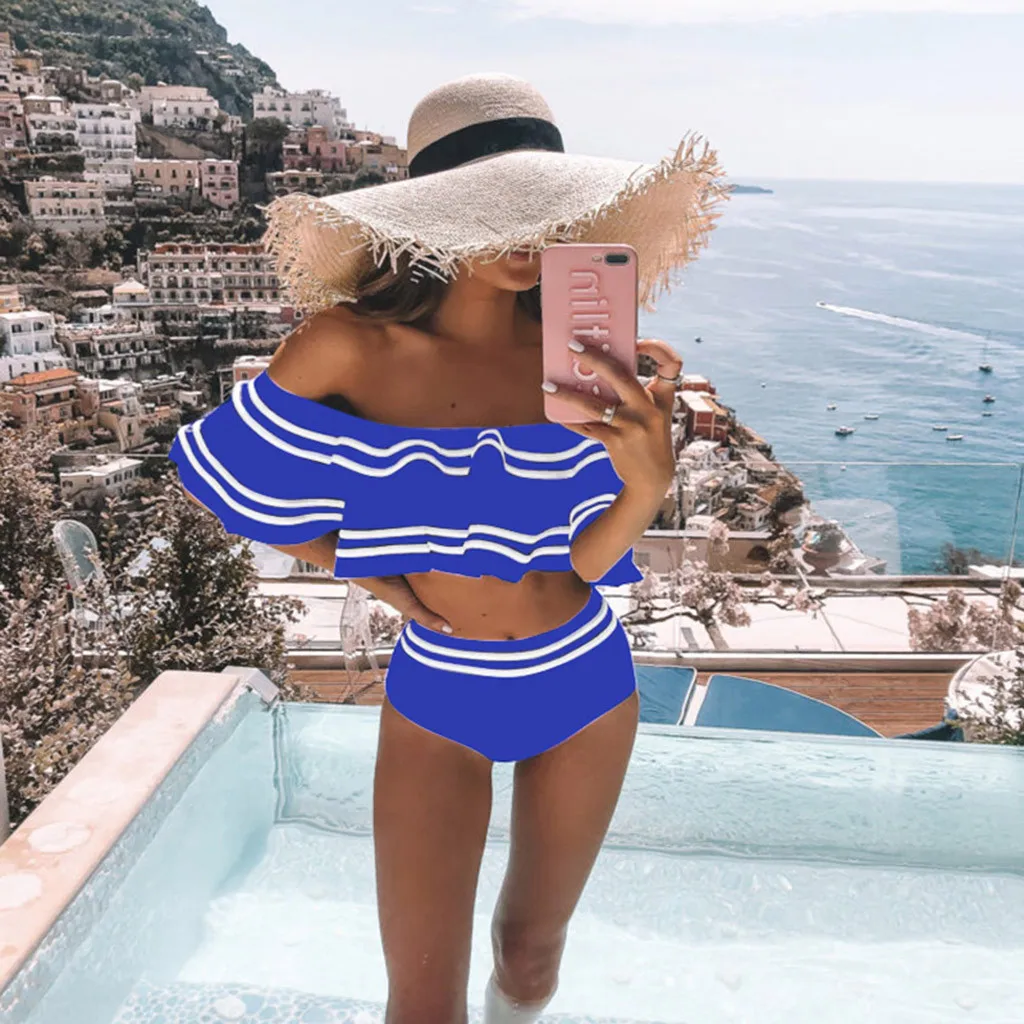 Сексуальный комплект бикини с оборками высокая талия купальник Boho пляжный