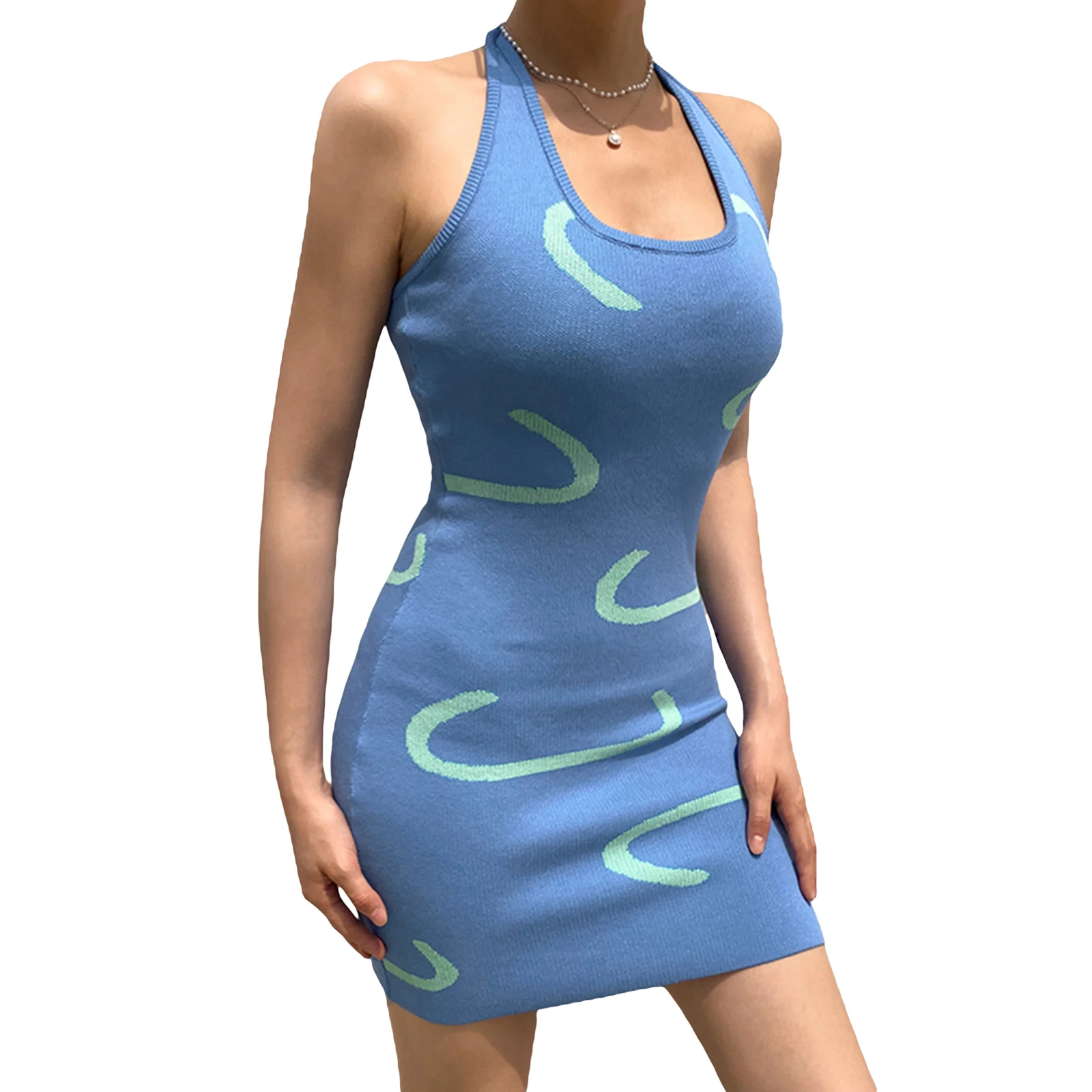 

Women Sexy Halterneck Dress Adults Summer Sleeveless Printed U-shaped Neck