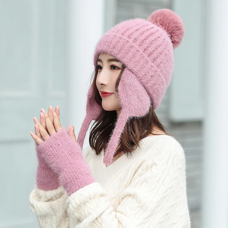 

Women Fur Hat Winter Hat and Glove Set Thick Wool Kitted PomPoms Ball Hats Bonnet Beanie Caps Winter Warm Solid Color