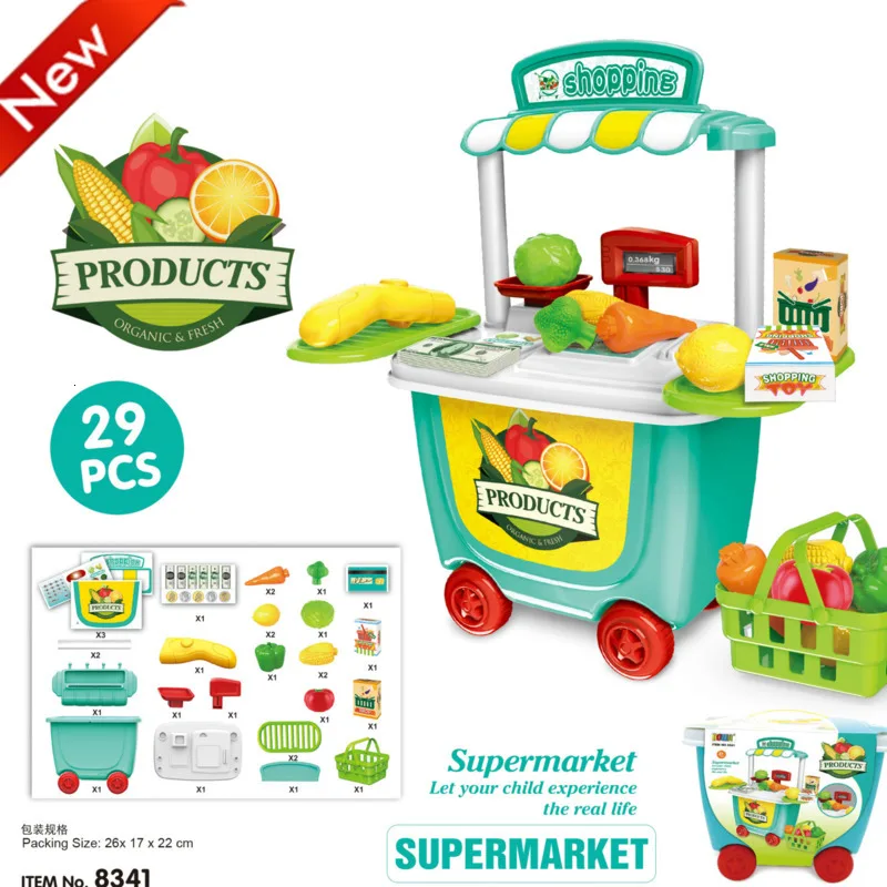 Children Pretend Play 34pcs/Set Trolley House Booth Educational Toy Super Funny Mini Role Play Toys Kitchen Workbench Bauble - Цвет: Supermarket