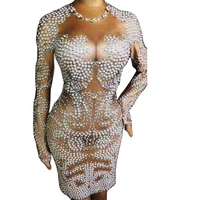 rhinestones pearl printing mini dress long sleeve above knee dresses womens party evening costume nightclub dance show wear