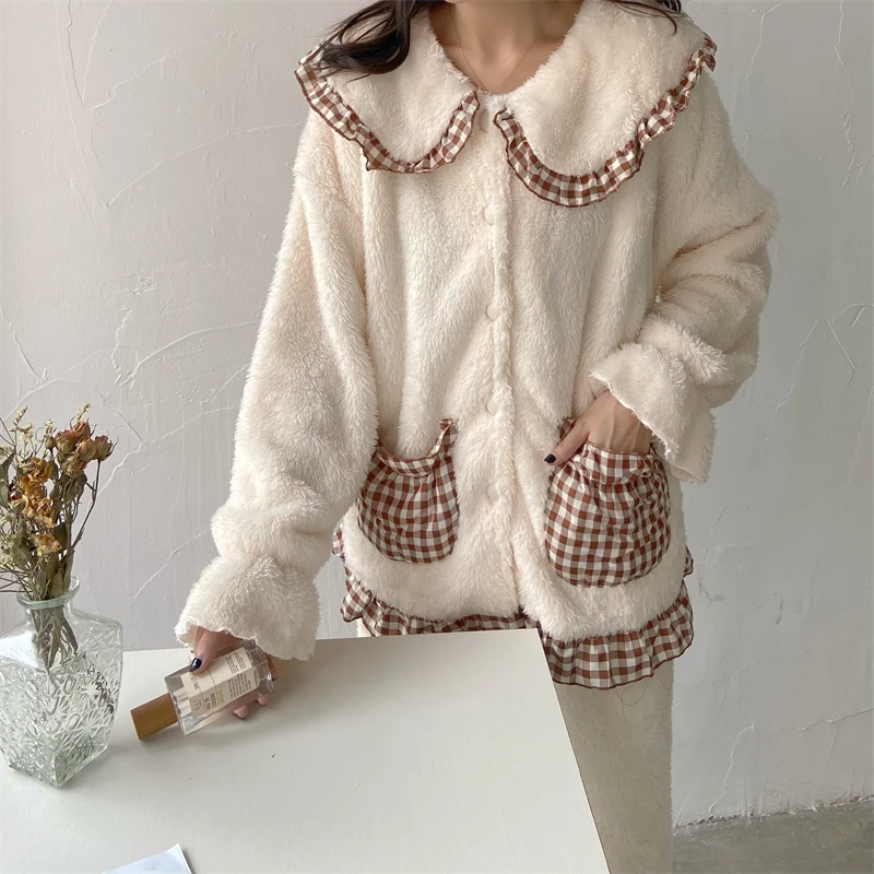 

Plaid Winter Home Suit Women Peter Pan Collar Shirts + Trousers Two Piece Pajamas Set Kawaii Korean Sleepwear Homewear