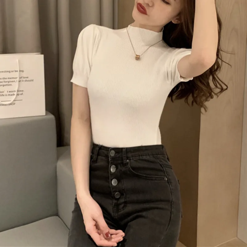 

Women Casual Knitted T Shirts Women Solid O Neck Short Puff Sleeve Female Tops Loose Casual Cotton Ladies Tees New Summer 2020