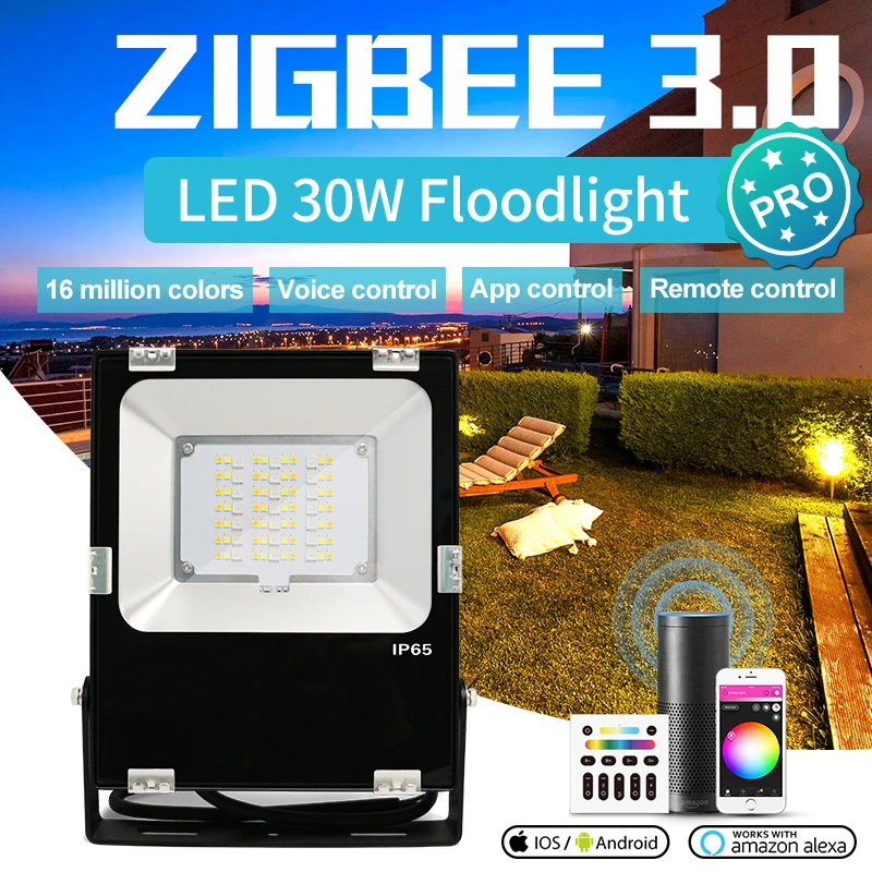 GLEDOPTO Zigbee 3.0 Flood Light 30W Pro Outdoor Waterproof IP65 Grade Compatible with Tuya App Alexa Echo Plus Voice RF Control