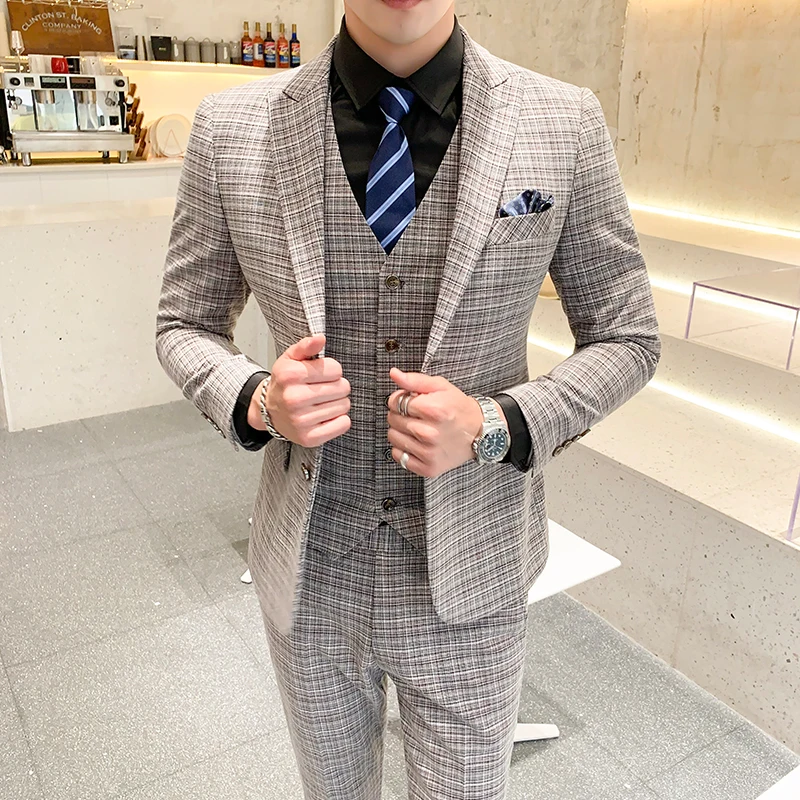 2020 Men's Business Plaid Official Suit Coat Pants Vest 3 PCS Set / Gentleman Groomsman Blazer Jackt Trousers Waistcoat S-5XL | Мужская