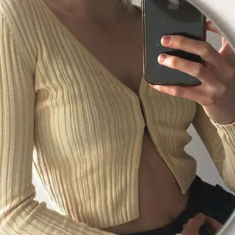 

Womens Long Sleeve V-Neck Cropped Button Down Classic Sweater Knitted Cardigan Thick elasticity Autumn Winter Jumpers