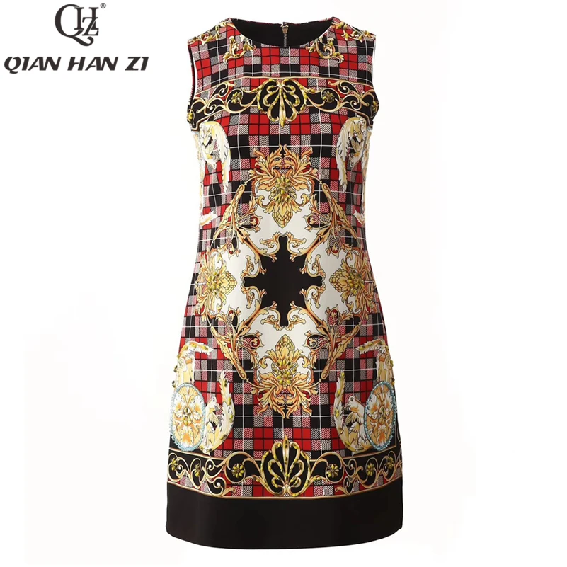 

Цянь Хан Zi дизайнер модное летнее платье для женщин, без рукавов, в стиле ретро, платье с принтом, в клетку высокого качества, декорированные ...