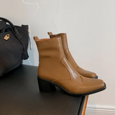 

2020 Women's Autumn / Winter New Full Leather Side Zipper Short Boots Square Toe Mid-Heel Thick Square Heel Korean Ankle Boots