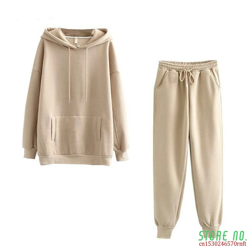 2 Pieces Set Women Hoodie Autumn Oversized Sweatshirt Set Long Sleeve Fleece Tops Long Pants Tracksuit Suit Outfits