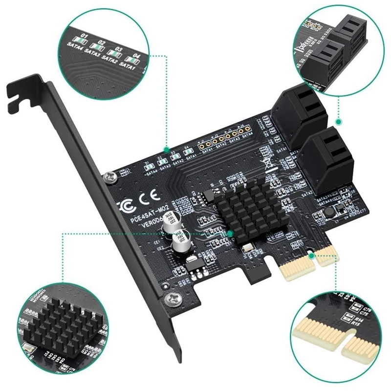 Адаптер PCIE 2 0x1 на 4 порта SATA карточка с чипсетом Marvell без Raid для майнинга Ipfs и