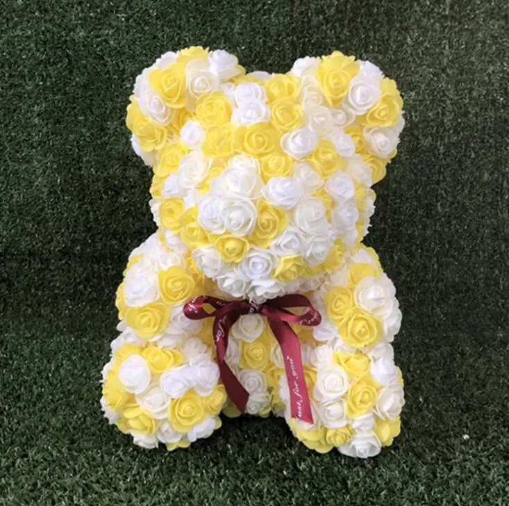 35cm Yellow White Искусственные цветы Роза медведь многоцветный пластик пена роза цветок плюшевый медведь День Святого Валентина подарок День Рождения Вечеринка весеннее украшение - Цвет: 35cm Yellow White