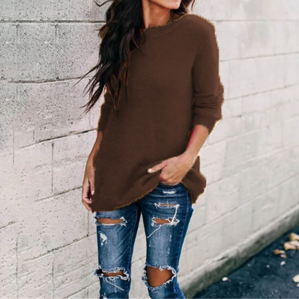 Женский осенний свитер с круглым вырезом повседневный однотонный трикотажный