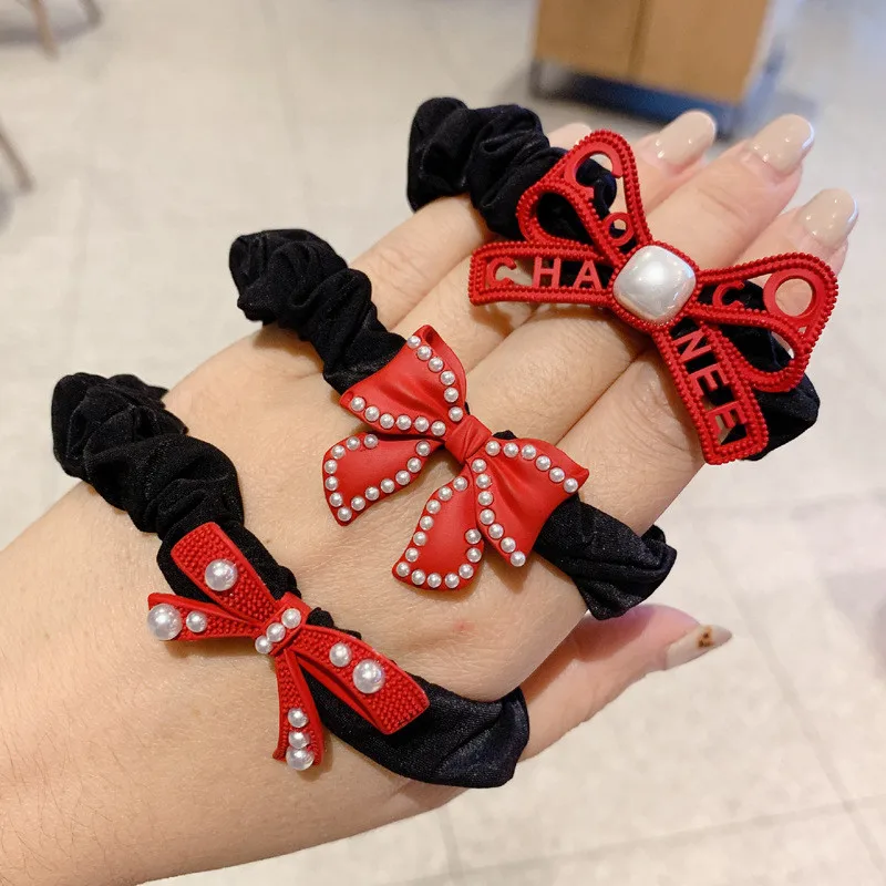 

Women Scrunchies Elastic Hair Ties Bands Adult Red Bow Knot Pearl Fashion Girl Korean Mujer Accessories Hyuna Wholesale