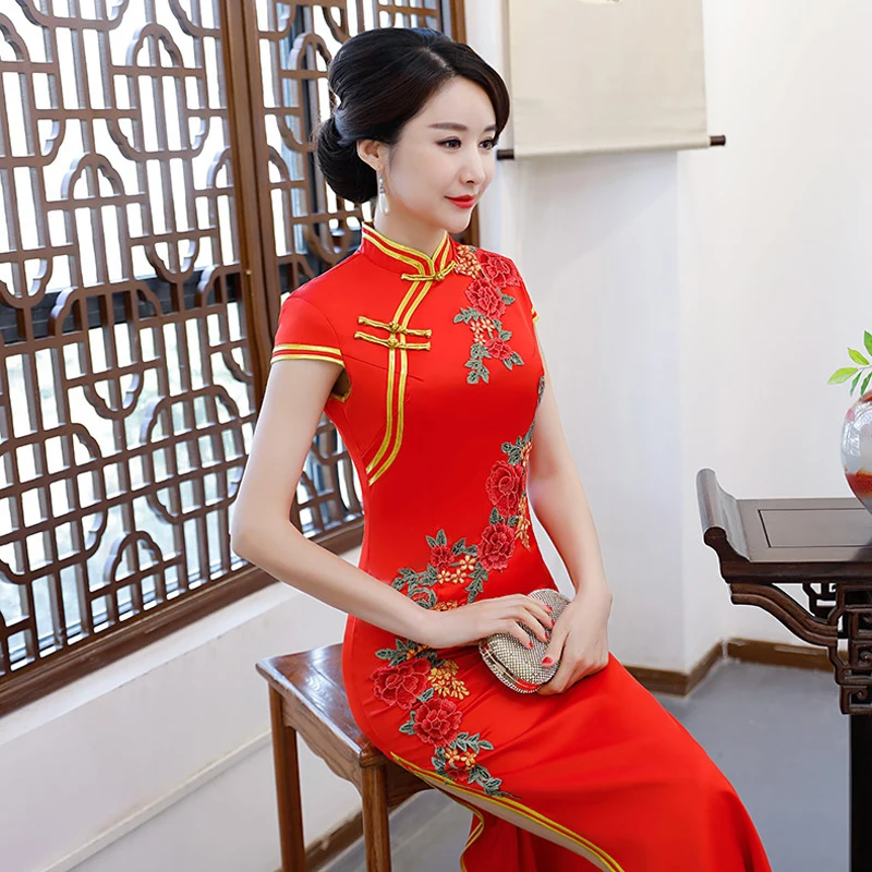 Красное Длинное Платье-Ципао в китайском стиле с коротким рукавом женские