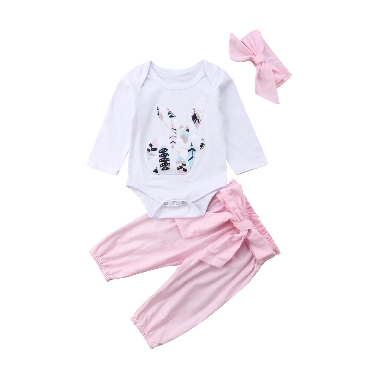 

3pcs Baby Girls Romper Bunny Print Top+Solid Bow Pants Outfits Newborn Kids Cotton Sweet Clothes Set