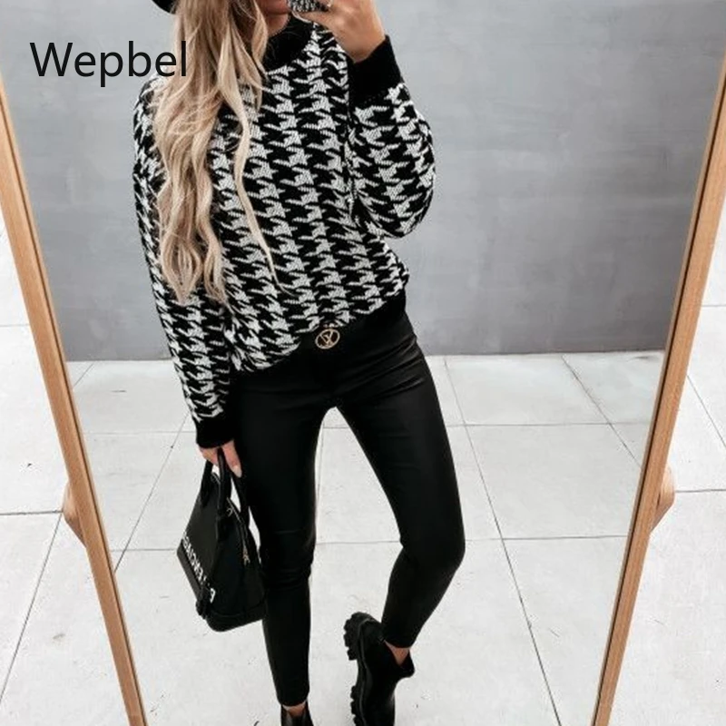 

Повседневный свитер WEPBEL из твида, Женский Топ с круглым вырезом и длинным рукавом, свободные Джемперы, модные женские вязаные пуловеры, свит...