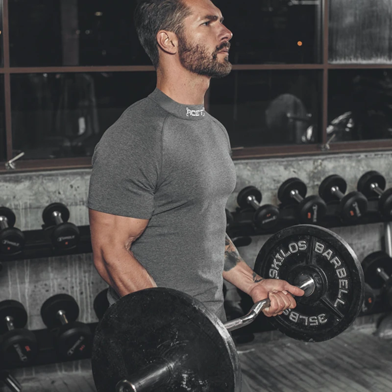 

Men Short Sleeve T-Shirt Fashion Compression Breathable Close Gyms Singlet Cotton Bodybuilding Men Fitness High Collar Tshirt