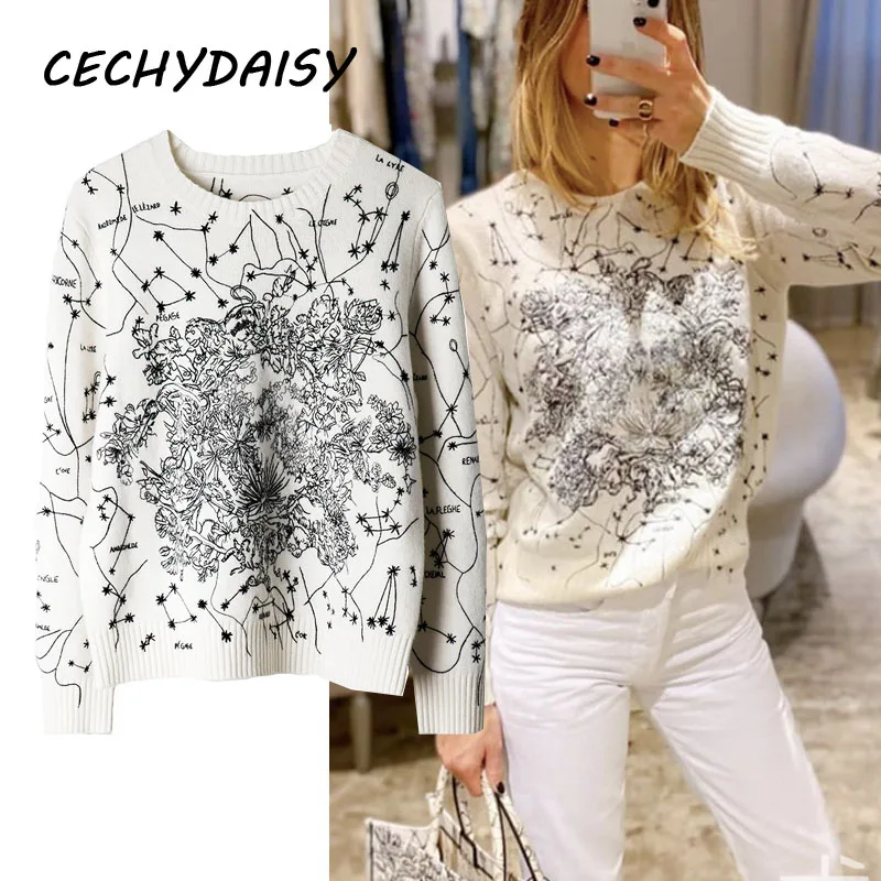 Женский трикотажный свитер с вышивкой созвездиями винтажный пуловер круглым