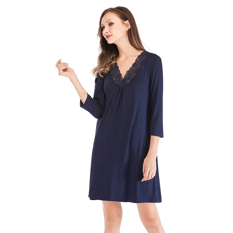 Spring and Summer Women's Nightdress Modal Loose Lace V-neck Simple Women's Home Service Womens Nightgown Sleepwear Sleep Tops