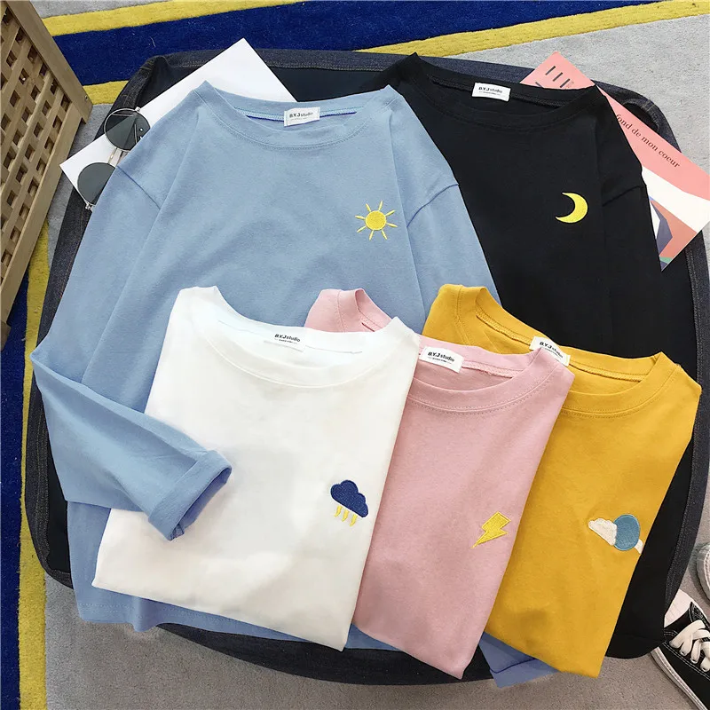 korean ulzzang Women T-shirts harajuku funny weather embroidery t shirt autumn long Sleeve casual loose Tshirt black white tops | Женская