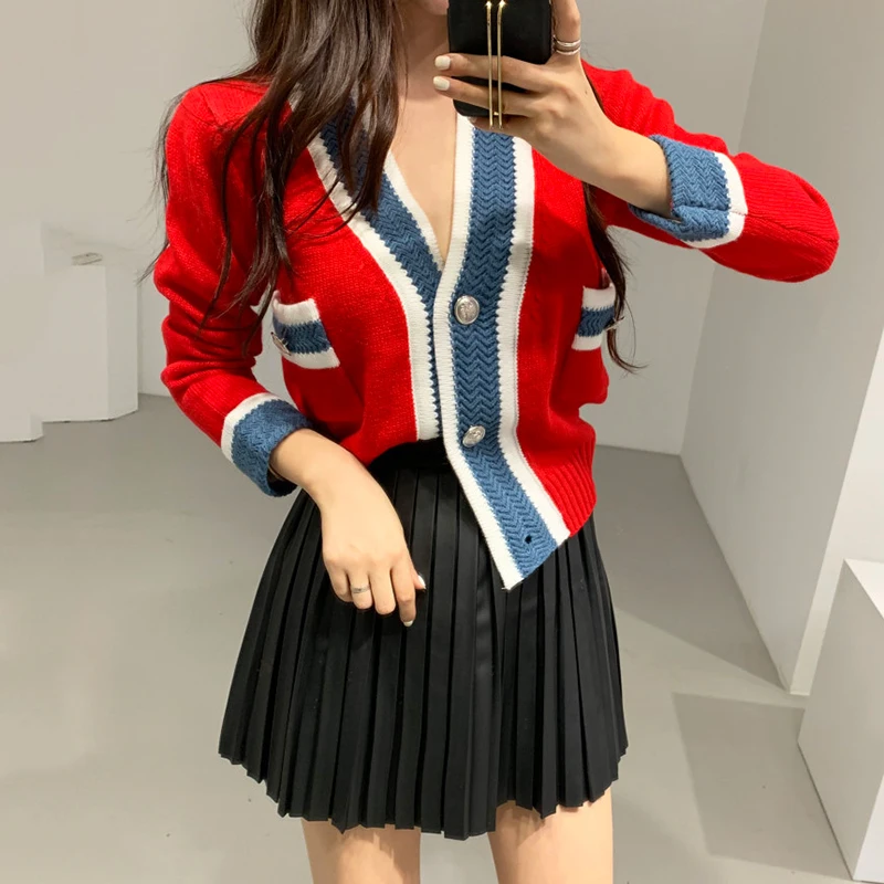 

Red Knitted Women Sweater Cardigans Single Breasted V Neck Packwork Long Sleeve Cardigans Korean Style Loose Gray Sweater Tops
