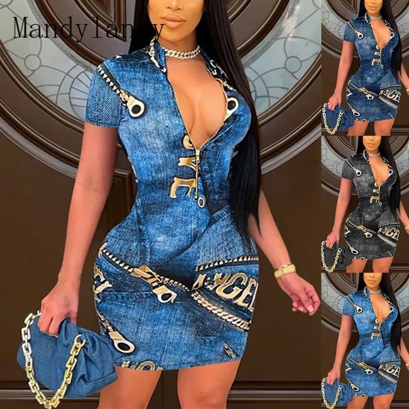 

Mandylandy, новые летние женские модные сексуальные платья-карандаш с V-образным вырезом и принтом на молнии, женское облегающее платье с коротки...