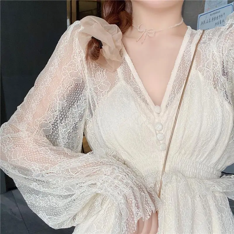 

Fashion Lace Elegant Dress Female Long-Sleeved Sexy Mini Fairy Banquet Dress Skirt Female Spring and Autumn V-Neck Solid Color r