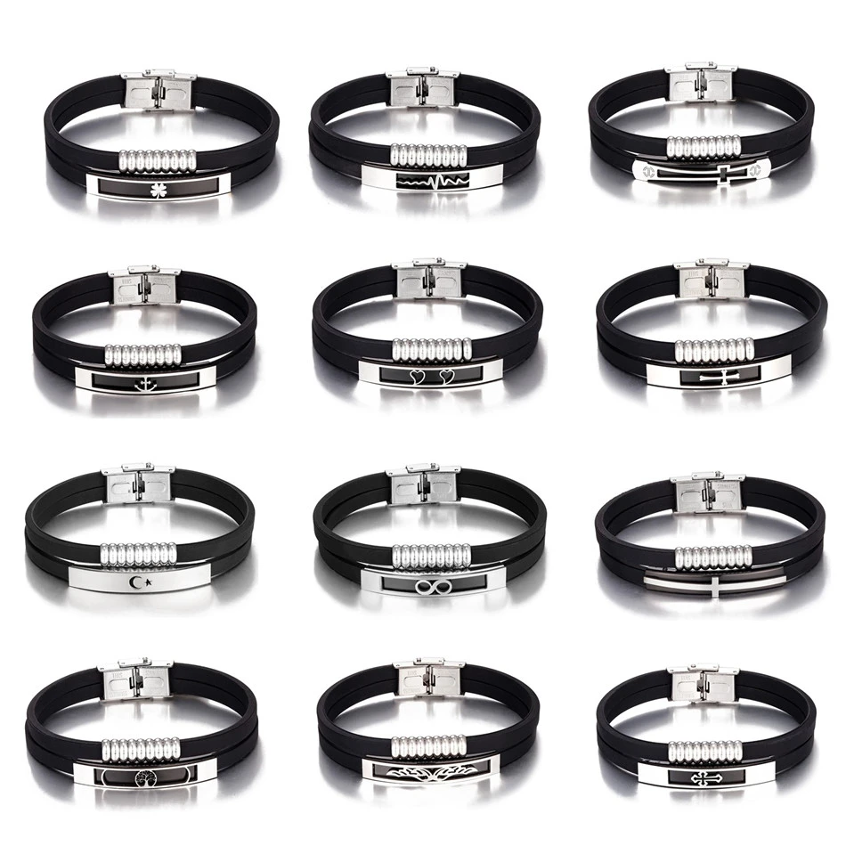 

Fashion Charm Braclet for Men Women Cross Clover Infinity Tree Angel Wing Double Layers Silicon Bracelets Stainless Steel Bangle