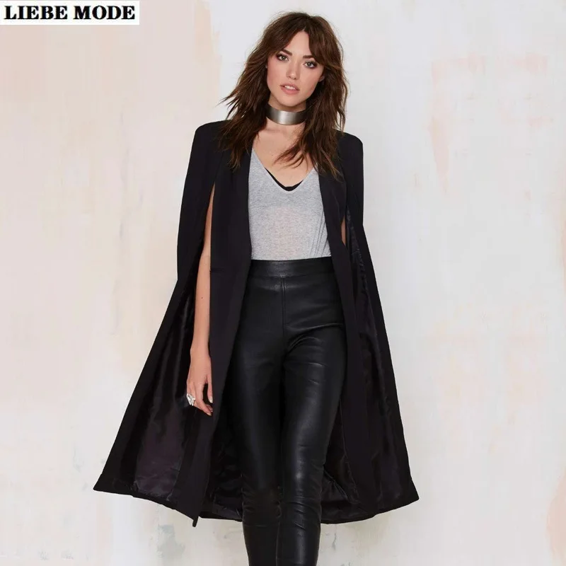 

European Style 2021 Spring Summer Office Ladies Poncho Cape Suit Jacket Women V-neck Blazer Split Long Sleeve Cardigan Coat
