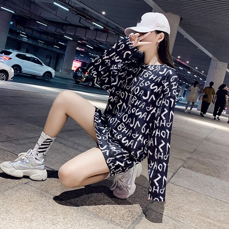 Женская Повседневная футболка QING MO черная хлопковая с длинным рукавом и круглым