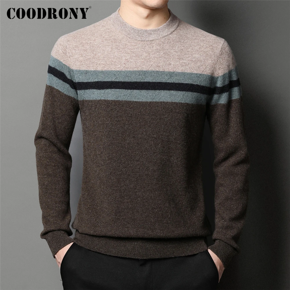 

COODRONY брендовый свитер из чистой шерсти, Мужская одежда, осень-зима, Новое поступление, Классический Повседневный пуловер в полоску с круглы...