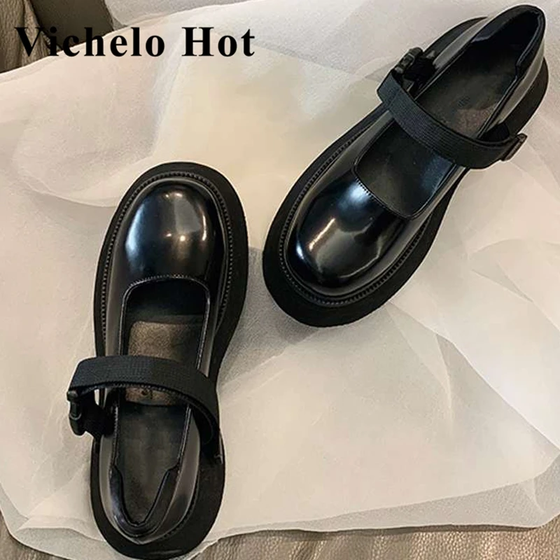 

Vichelo Hot genuine leather round toe high heels thick bottom brand shoes buckle strap British school fashion women pumps L08