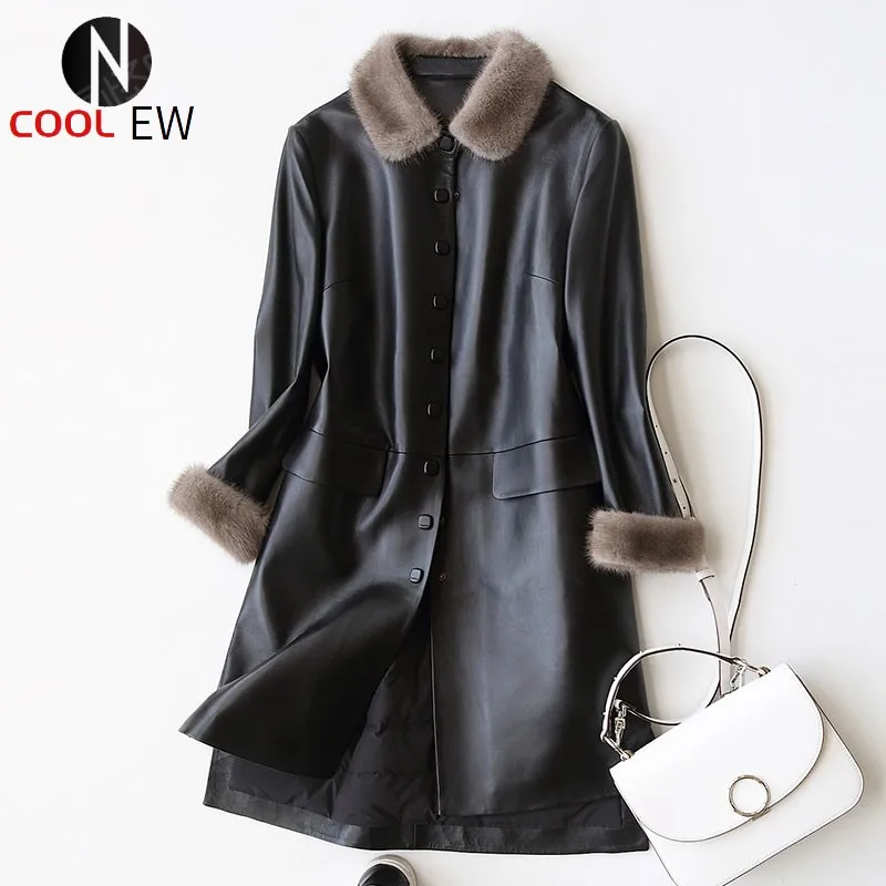 

High Quality Winter Women Down Padded Long Jacket Office Ladies Slim Fit Overcoat Real Mink Fur Collar Genuine Leather Jacket