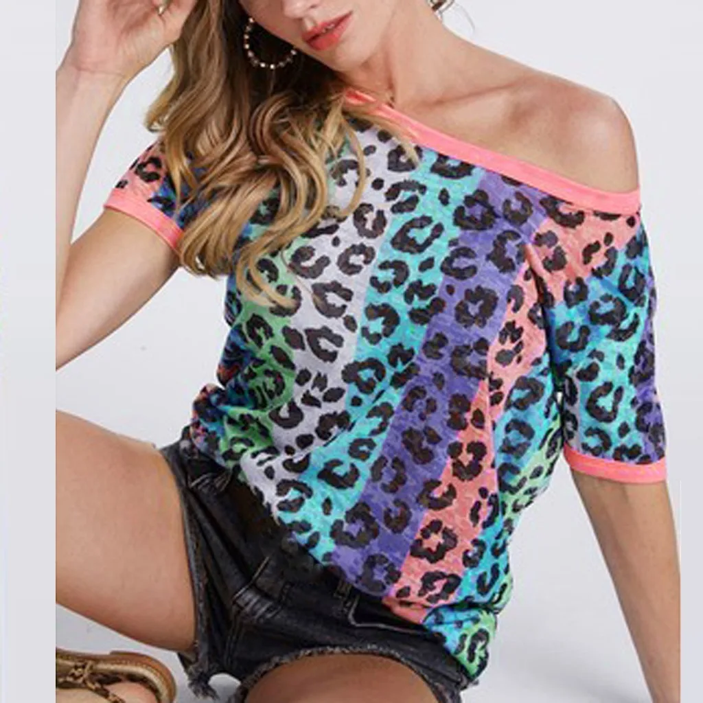 Женские топы стильные цветные леопардовые свободные круглый вырез летние реглан
