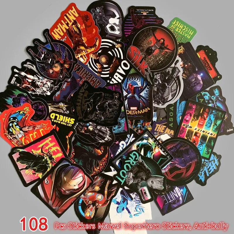 108 шт наклейки Marvel наклейки с супергероями, анти-хулиганские граффити, Водонепроницаемый скейтборд наклейки, Pegatinas Супергерои TZ134D