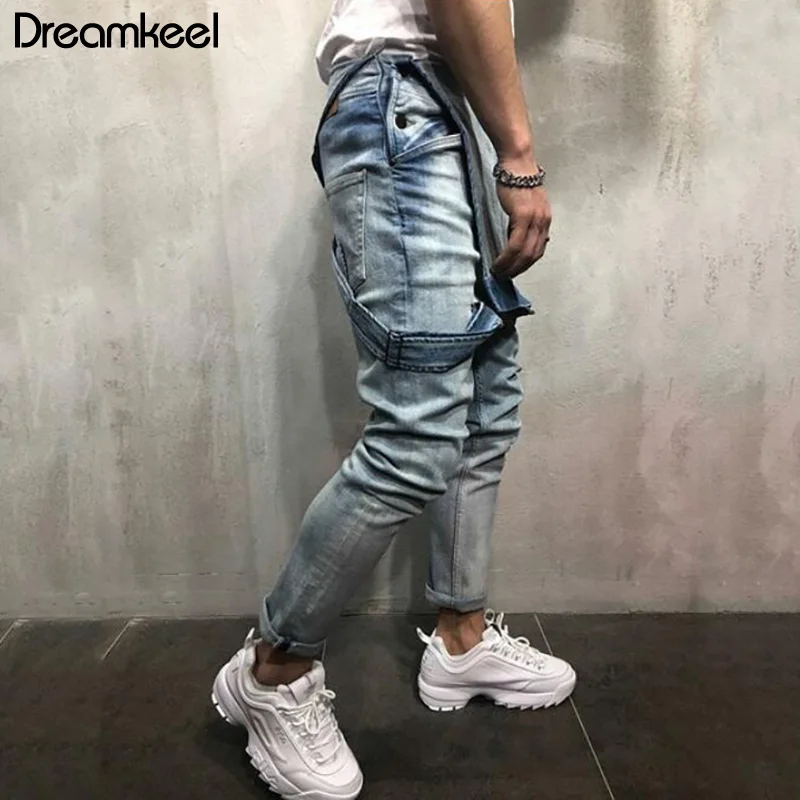 

2019 New Men Casual Jeans Jumpsuit Men's Vintage Jeans Jumpsuits Fashion Distressed Denim Bib Overalls Male Suspender Pants Y