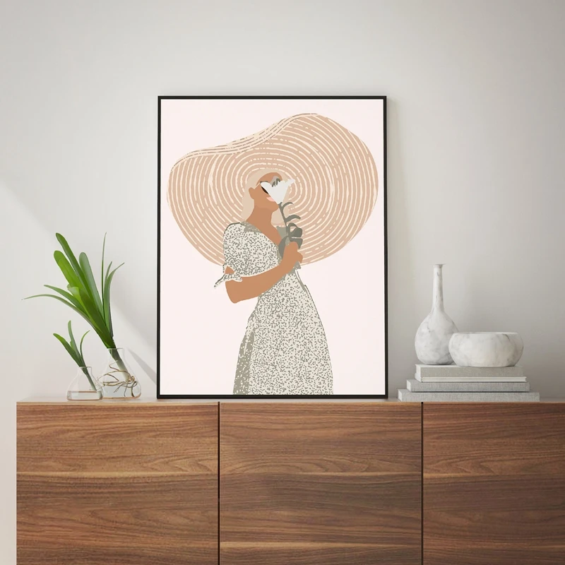 

Nodic Abstract Minimalist Painting Lady Women With Big Hat Canvas Poster Wall Art Picture Poster And Print For Room Home Decor