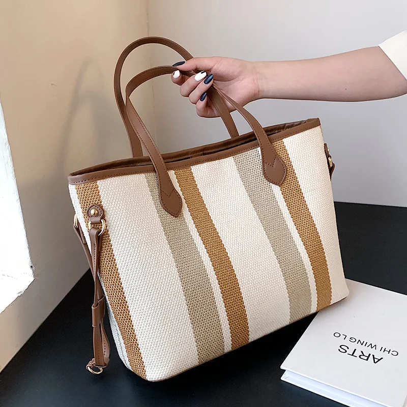 

2 Pcs High Capacity Canvas Shoulder Bag For Women 2021 Fashion Striped Handbags Female Travel Fashion Shopping Purses