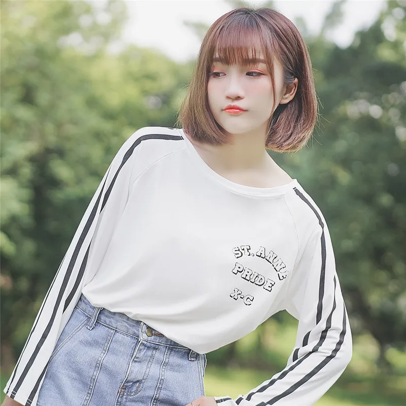 

Chic Khaki 2020 New Spring and Autumn Women's Tops Student All-Match Letters Long-Sleeved T-shirt Mixed Color Stripe Bottoming