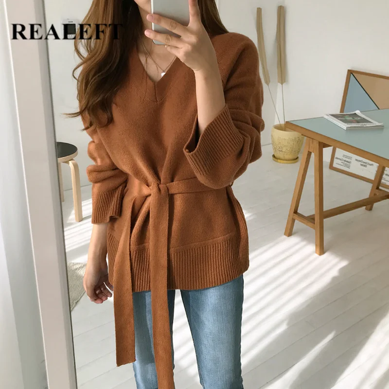 REALEFT Autumn Winter Sashes Long Sleeve Women's Pullover Sweater Fashion Casual Knitted Female 2019 New | Женская одежда