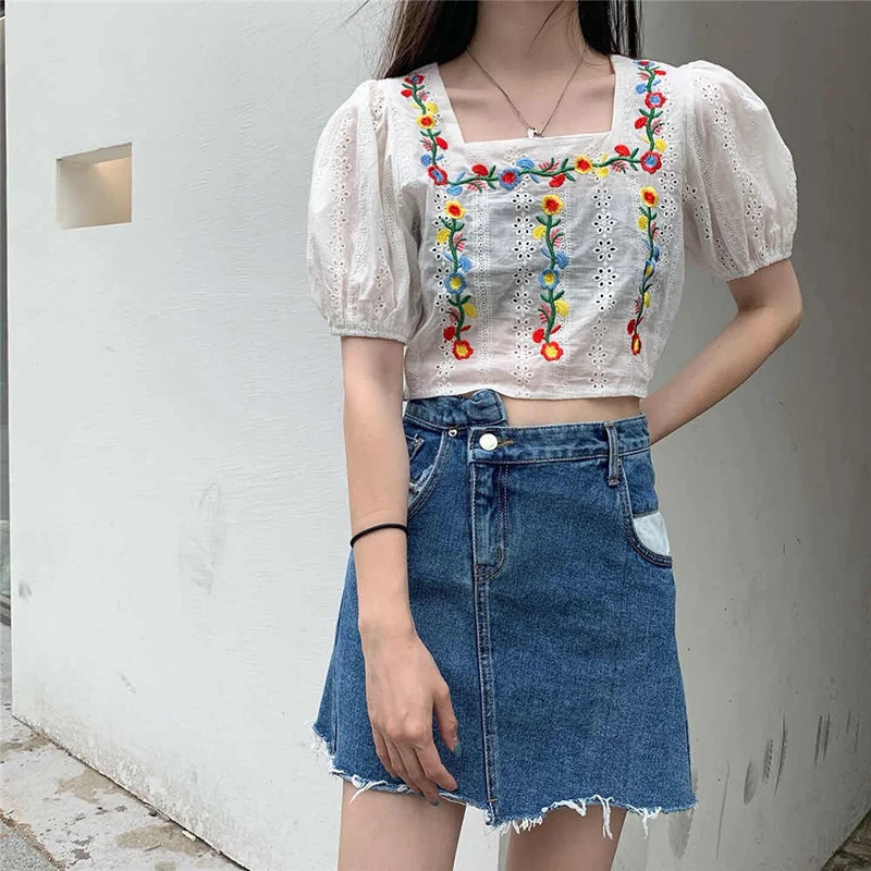 

HWLZLTZHT Flower embroidery women's blouses Puff Sleeve Top Hollow Out Korean Shirts Loose linen blouses Elegant women Tops