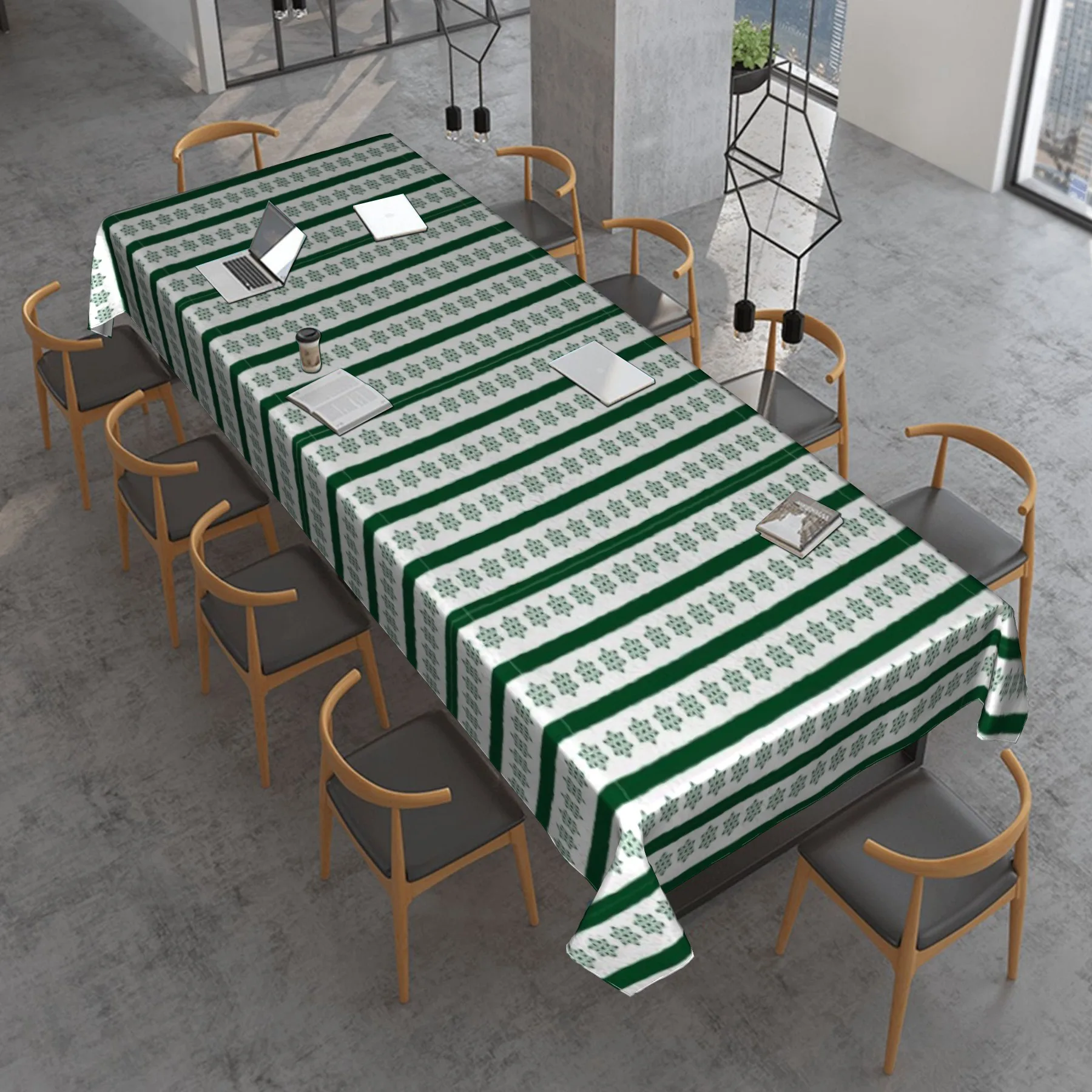 

Smudge-proof tablecloth with green stripe pattern for table decoration and accessories. Rectangular tablecloth for restaurant