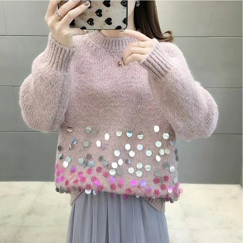 

Women Chic Sweater Sequins Knitting Autumn Ladies Knit Sweater Long Sleeve Cozy Elegant Pullover TopsO-Neck blusas mujer de moda