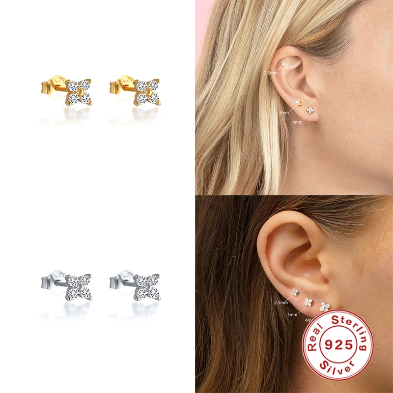 

BOAKO 925 Sterling Silver 3/4/5mm Crystal Flower Piercing Stud Earrings Small Cartilage Earrings for Women Lovely Earrings Gift